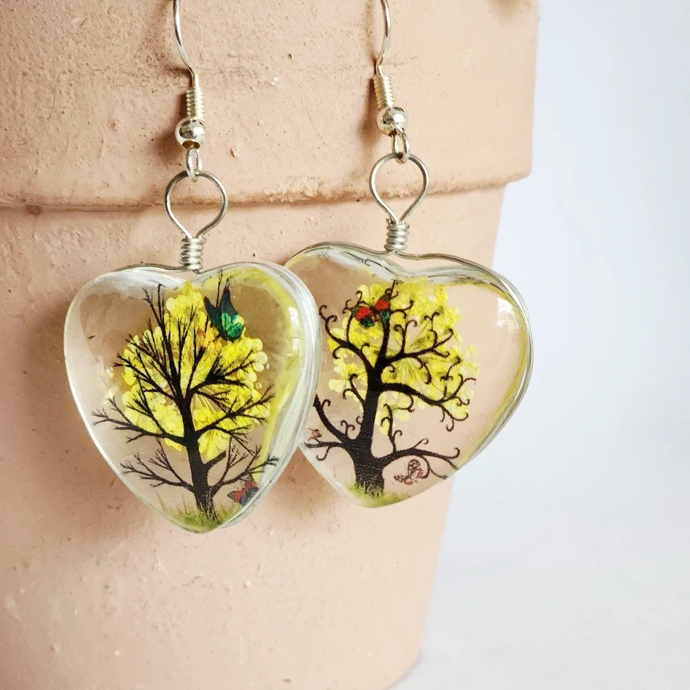 Handmade Heart-Shaped Tree with Yellow Blossoms Dangle‎ Earrings NEW Ladies